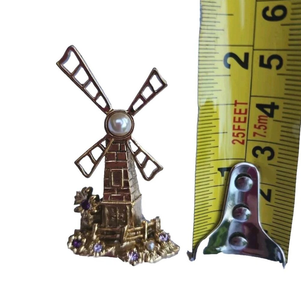 Windmill Bejeweled Faux Pearl & Lavender Rhinestones GoldTone Metal Pin Brooch - Picture 3 of 10